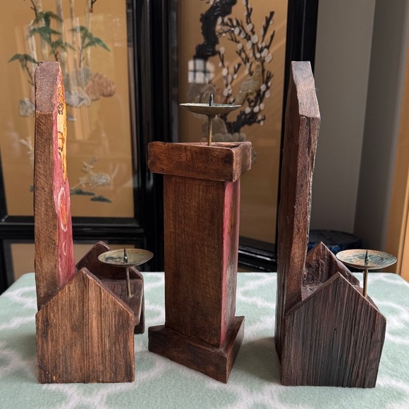 Vintage Rustic Wooden Candle Holders with Buddha and Lotus Design - Picture 5 of 10